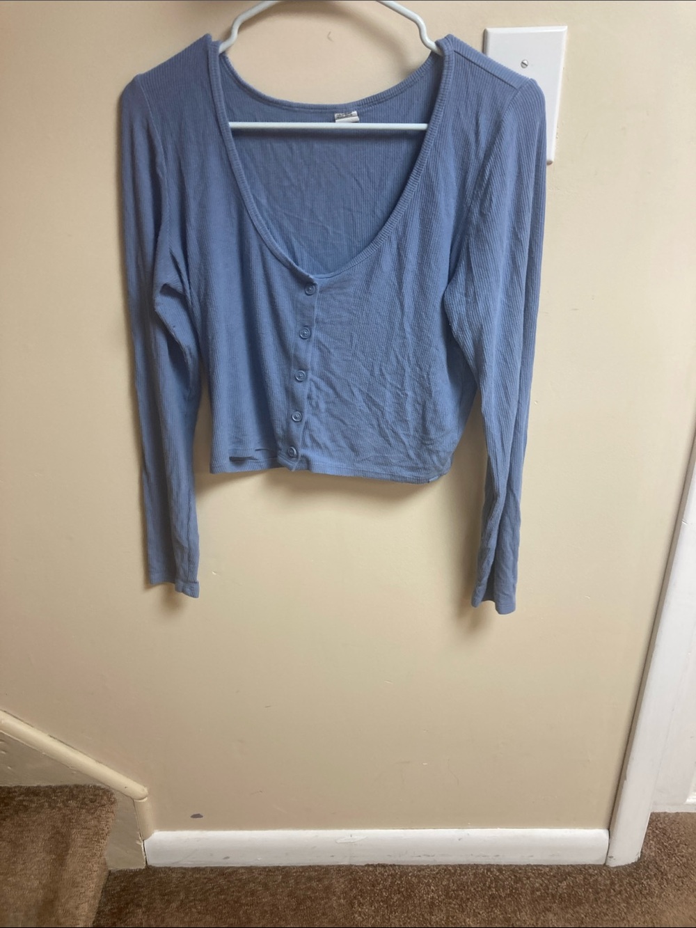 Cropped Scoop-Neck Long Sleeve Button-Front Top - Dusty Blue